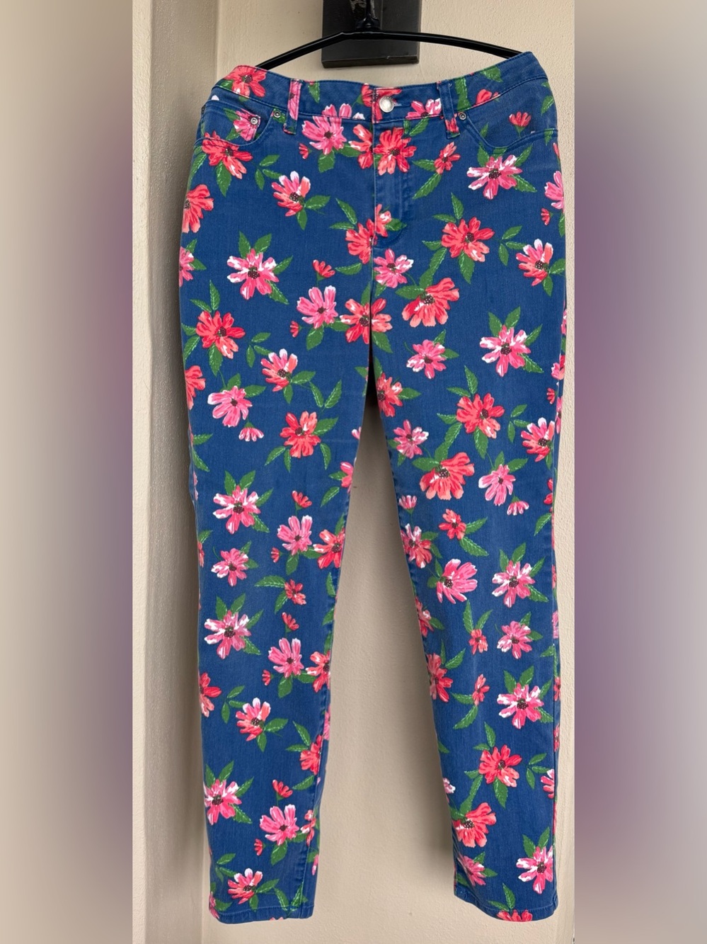 Needle & Cloth Skinny Ankle Blue Jeans Pink Floral Mid-Rise Stretch 5-Pocket 14